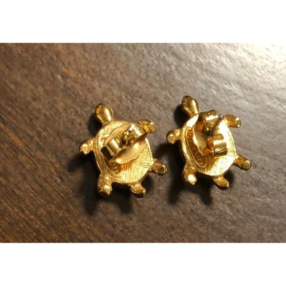 Vintage “Avon Precious Turtle Earrings” 1992 Gold Plated Rhinestone - Picture 4 of 5